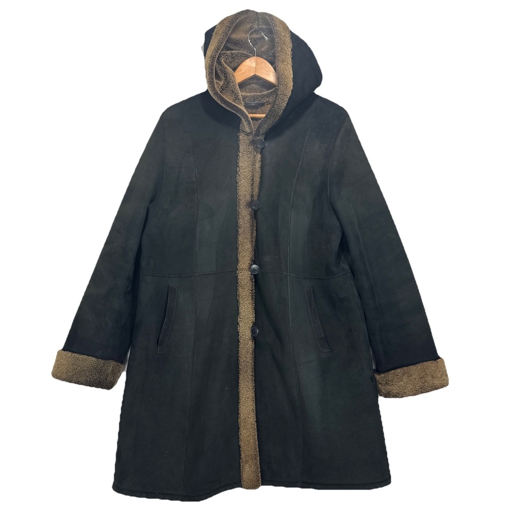 Stefania Sarle Black Nubuck with Brown Lining 100% Genuine Shearling Coat Sz‎ S